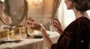 A person delicately spraying a luxury fragrance onto their wrist, demonstrating how to apply a perfume for a theatre or opera night.
