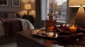 Warmly lit vanity setup displaying a winter-appropriate sophisticated evening perfume for women.