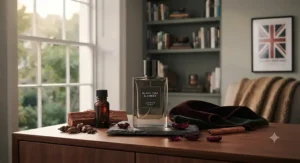 Warm, rich bottles of seductive cologne for men set against a cosy, autumnal British backdrop.