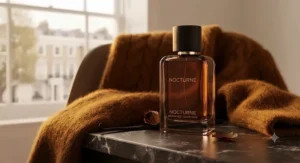 Cosy autumn setting with a soft cashmere jumper and a warm amber bottle of sultry fragrance for women.