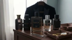 Line-up of top-rated niche and designer black-tie fragrances for men showcasing various glass bottle designs.