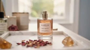 Close-up of an elegant glass fragrance bottle with warm vanilla and musk notes, highlighting a sensual perfume under £60.