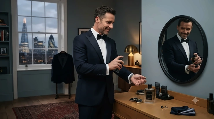 Elegant gentleman in a tuxedo applying a luxury black-tie fragrance for men before a formal evening event. black tie fragrance for men
