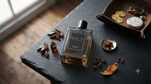 Flat lay graphic detailing woody and amber base notes for a sophisticated men's evening aftershave.