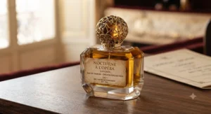 An ornate British niche fragrance bottle glowing under warm lighting, popular for formal cultural events and theatre trips.