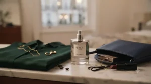 Elegant evening outfit styled alongside a sleek bottle of long-lasting date night fragrance for a night out in London.