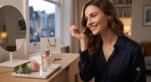 Confident woman smiling while getting ready, wearing her signature first-date perfume for women.