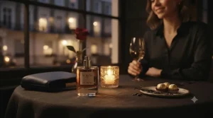Soft, moody restaurant lighting reflecting off a luxury long-lasting date night fragrance bottle on a table.