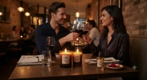 A candlelit restaurant table setting reflecting the ambient mood suited for wearing a signature romantic scent.