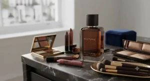 Aesthetic dressing table setup featuring a designer bottle of sultry fragrance for women alongside makeup and gold jewellery.