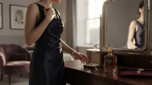 Elegant woman getting dressed for an evening out, accessorising with a sophisticated designer fragrance.