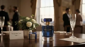 An ambient table setup at a British winter gala showcasing a sophisticated perfume bottle