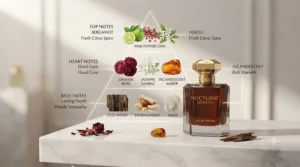 Illustration showing the top, heart, and base notes of a luxury evening perfume for women.