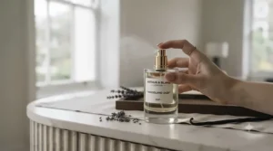 A stylish glass bottle of luxury fragrance under £100 styled on a vanity table for daily wear or evening outings.