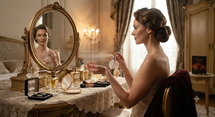 A vintage dressing table mirror reflecting perfume bottles and makeup, capturing the ritual of applying a perfume for theatre or opera night. perfume for theatre or opera night