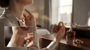 Diagram indicating pulse points on the wrist and neck for applying long-lasting evening perfume.