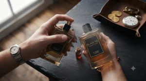 Close-up of a man applying a black-tie fragrance to his wrist at pulse points for long-lasting evening wear.