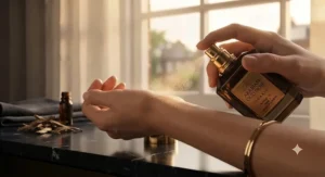 Applying rich oud perfume to warm pulse points on the wrist to ensure long-lasting projection throughout a romantic date.