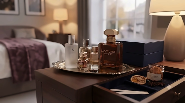 Elegant perfume bottles stored correctly away from direct sunlight on a dressing table. sophisticated evening perfume for women