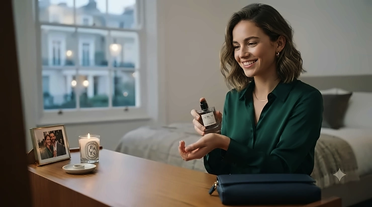 Bottle of luxury long-lasting date night fragrance resting on a velvet vanity tray, surrounded by warm candlelight. long-lasting date night fragrance
