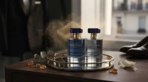 Soft lighting casting shadows of a sophisticated perfume bottle, symbolising a lingering, elegant fragrance for formal wear
