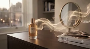 Artistic shot of a perfume bottle diffusing a rich, long-lasting scent trail for a night out.