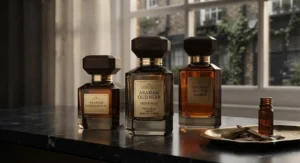 Unisex glass perfume flacons showcasing rich amber-coloured oud liquid against a moody, intimate backdrop.