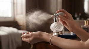 Close-up of a crystal perfume atomizer spraying a fine mist for a lasting scent trail at a formal gala.