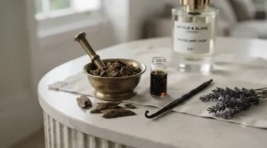 Close-up of botanical ingredients used in a signature luxury fragrance under £100, showcasing rich amber and floral notes.