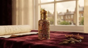 Traditional ornate glass roll-on bottle containing concentrated attar oil on a textured velvet fabric surface.