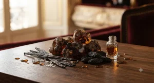 Close-up flatlay of warm amber and rich vanilla pods, key notes for an evening perfume worn on a theatre or opera night.