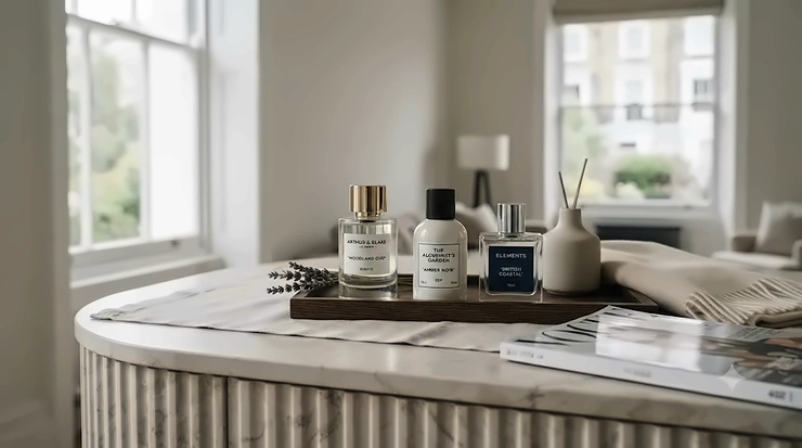 A sleek bottle of luxury fragrance under £100 displayed on a marble surface, representing affordable designer scent gifting ideas in the UK. luxury fragrance under £100