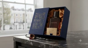 An unboxing view of a premium gift box containing a long-lasting sultry fragrance for women.