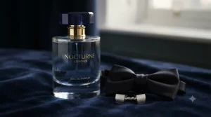 A sleek designer scent bottle next to a classic black bow tie, capturing an elegant fragrance for formal wear