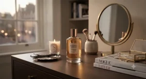 An elegant amber glass perfume bottle styled on a marble dressing table with soft evening lighting.