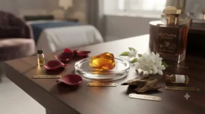 Botanical flat lay featuring rich ingredients like amber, jasmine, and vanilla used in premium evening fragrances.