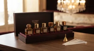 A curated discovery set of luxury evening perfumes laid out on silk, perfect for choosing a signature scent for the theatre.