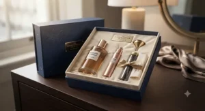 A beautifully packaged luxury vanilla perfume gift box set against a dark, sophisticated backdrop.
