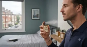 A young man getting ready for an evening out while applying a spray of affordable romantic cologne.