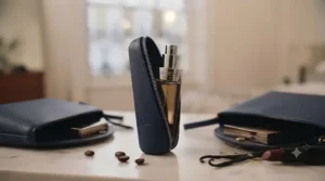 A compact travel atomiser of a long-lasting date night fragrance tucked inside a stylish leather handbag.