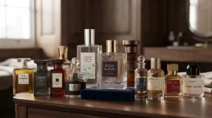 Collection of iconic designer and British niche perfume bottles curated for red-carpet events.