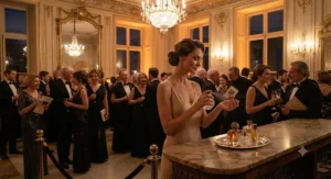 The opulent chandeliers and marble pillars of an opera house foyer during the evening interval, evoking a classic British night out.