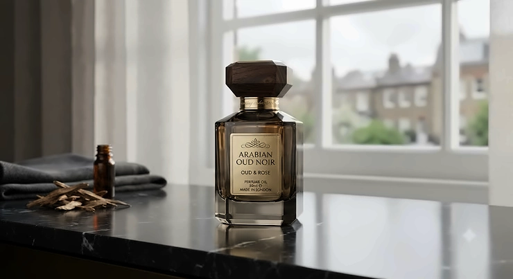 Elegant bottle of luxury oud fragrance on a dimly lit wooden dressing table, setting a romantic mood for an evening out. oud fragrance for date night