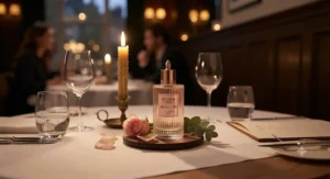 Romantic candlelit restaurant setting, complementing the mood of a subtle first-date perfume for women.