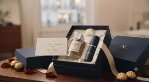 A beautifully wrapped gift box containing a luxury long-lasting date night fragrance for a special anniversary.