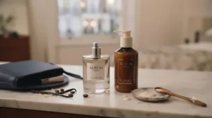 Matching scented body lotion and a bottle of long-lasting date night fragrance displayed side-by-side on a marble counter.