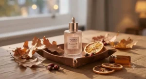 Cozy autumn-themed flat lay featuring a warm, amber-based first-date perfume for women.