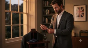 A stylish man adjusting his tailored jacket before applying a seductive cologne for men for an evening out.