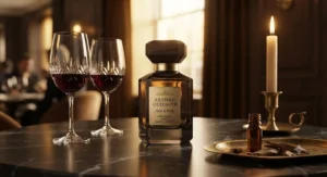 A sleek minimalist perfume bottle resting beside wine glasses on a candlelit restaurant table.