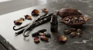 Flat lay arrangement of raw ingredients including vanilla pods, jasmine flowers, and tonka beans used in a sultry fragrance for women.